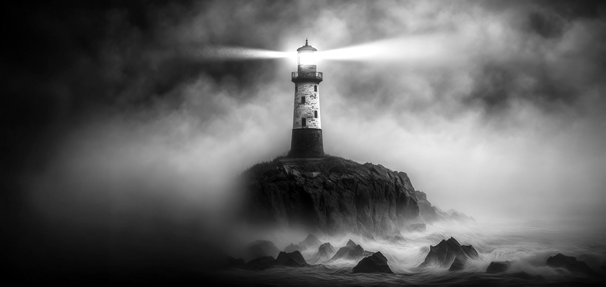 Un faro encendido en la niebla, sobre las rocas